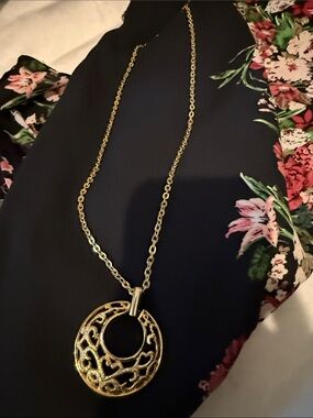 Gold Filigree Round Pendant Necklace with long chain - Women Jewelry